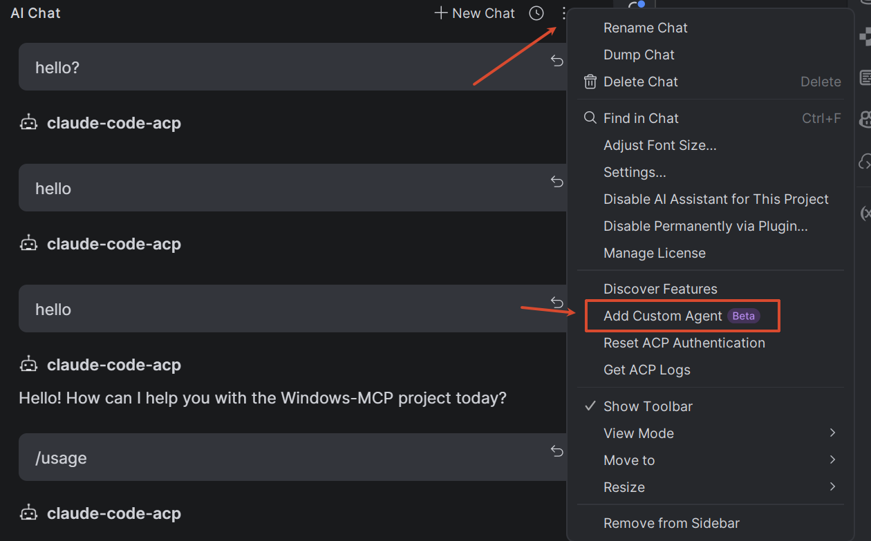 点击`Options - Add Custom Agent`,修改ACP配置